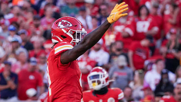 Sep 24, 2023; Kansas City, Missouri, USA; Kansas City Chiefs wide receiver Rashee Rice (4) celebrates after a play agains the Chicago Bears during the second half at GEHA Field at Arrowhead Stadium. Mandatory Credit: Denny Medley-USA TODAY Sports  